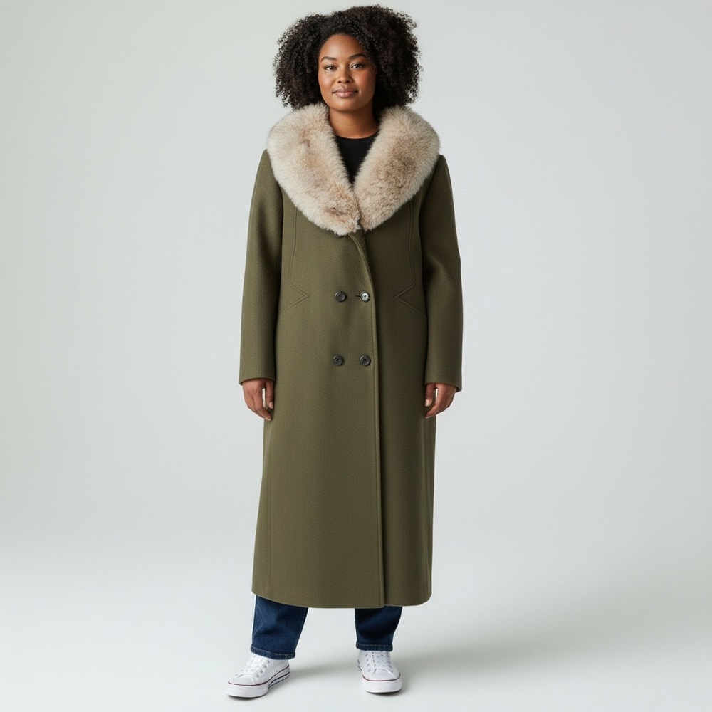 Olive Green Long Double-Breasted Coat with Faux Fur Collar